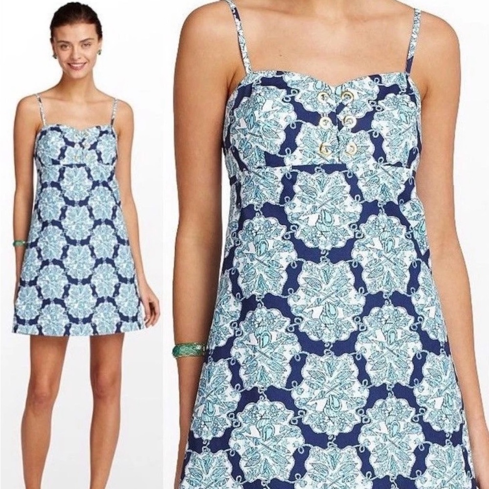 Lilly Pulitzer Rilee "Hey Sailor" Blue & White Mermaid Lace Up Lined Dress Sz 4
